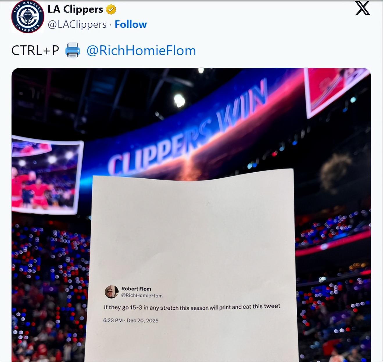 开云直播-信守承诺！球迷直播吃推文：曾放话快船若打出15胜3负他就这么干