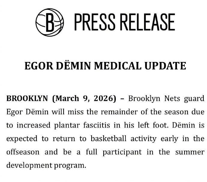 开云体育-篮网官宣：8号秀杰明因伤赛季报销 曾连34场命中三分新秀历史第一